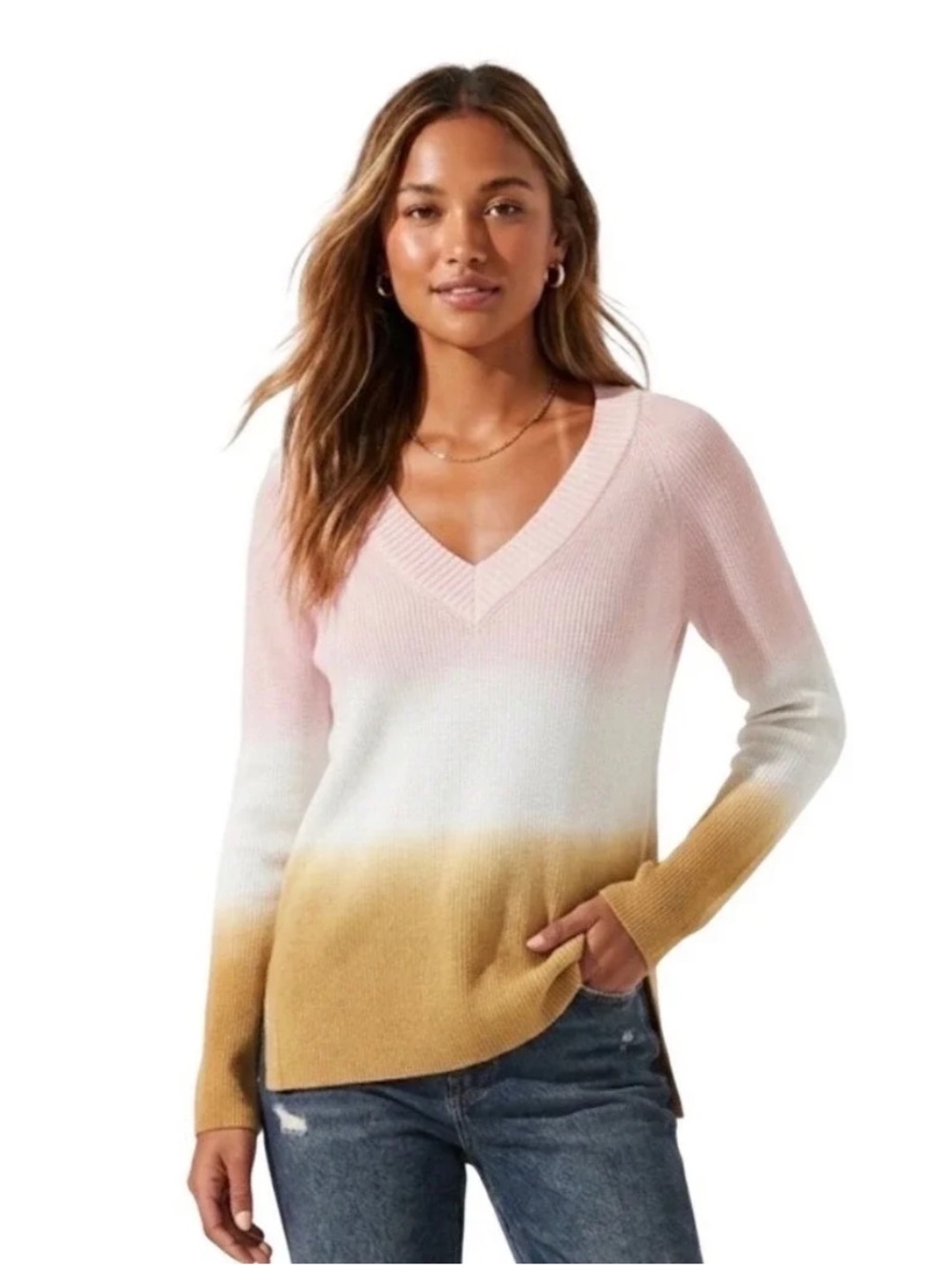 Anthropologie Ombre V-Neck Sweater in Pink, White & Tan